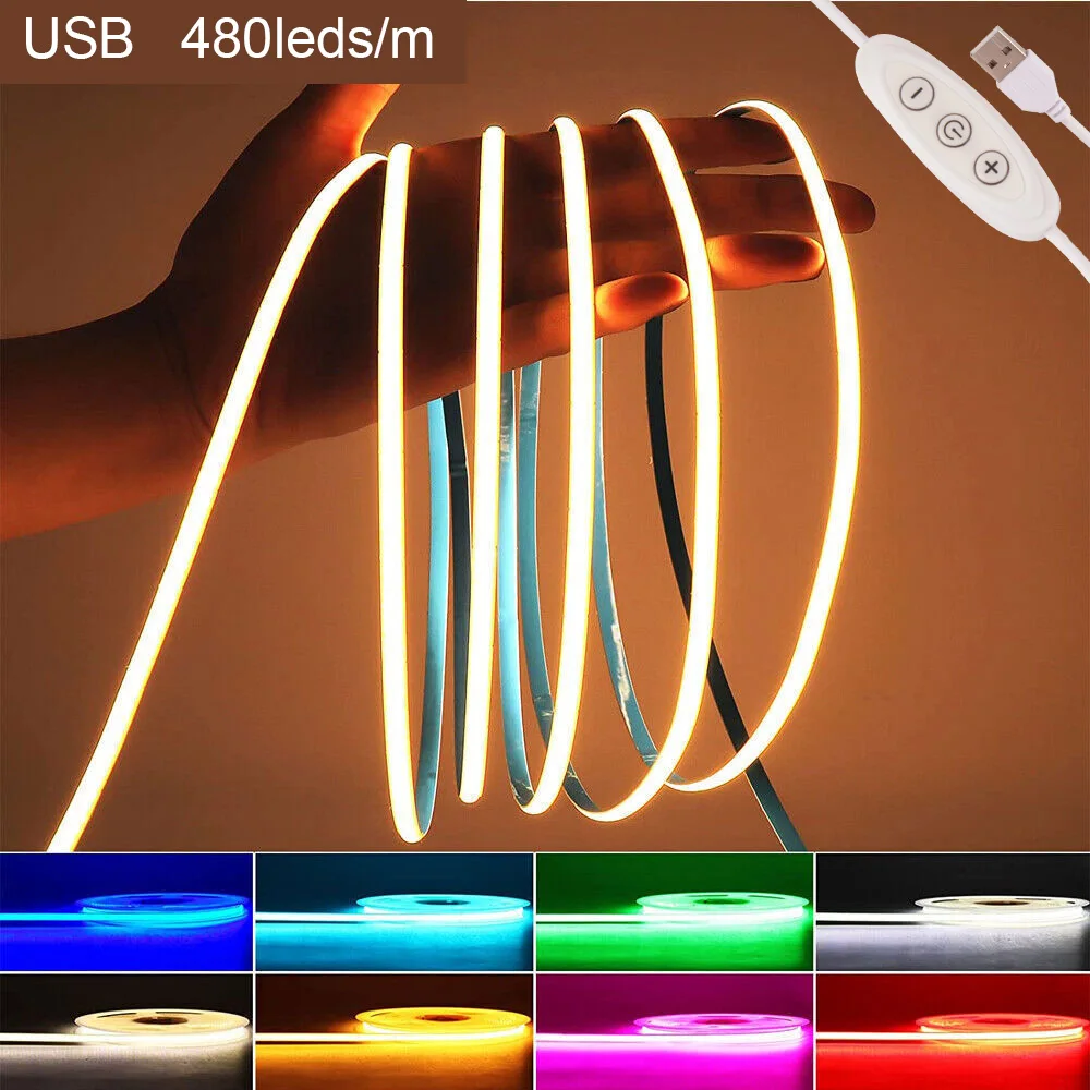 

5V USB COB LED Strip Lights 3mm 4mm 8mm TV Backlight Red Purple White Flexible Led Tape for Car Computer Room with 3-Key Dimmer