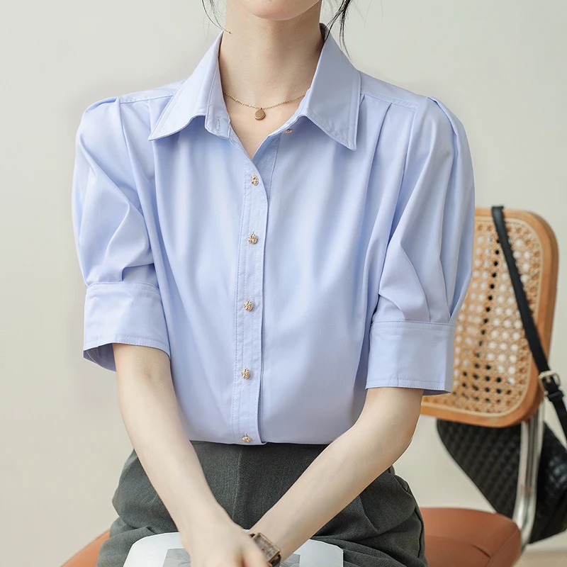 

QOERLIN Women Summer Commute Short Sleeve White Shirts Office Ladies Single-Breasted Turn-Down Collar Formal Blouse Elegant Tops