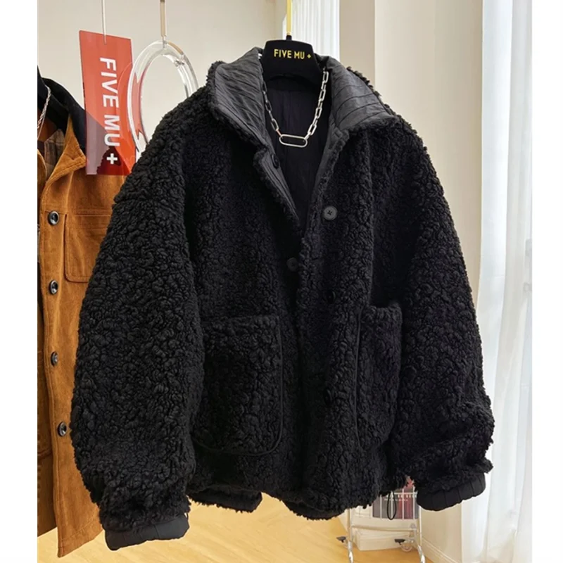 Loose Lamb Wool Jackets Women Winter Thick Single Breasted Warm Reversible Korean Cotton Jacket Solid Patchwork Casual Parkas