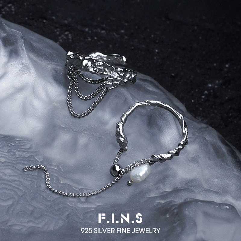F.I.N.S Pure 925 Sterling Silver Open Ring Baroque Pearl Tassel Chain Punk Adjustable Index Mid Finger Fine Jewelry for Women