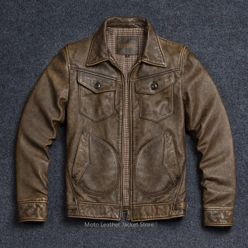 Chaqueta de Cuero Genuino Estilo Vintage Americano para Hombre, Modelo Mendoza Rancher, Primera Capa de Piel de Vaca, Solapa de Vaquero, Chaqueta Genuina