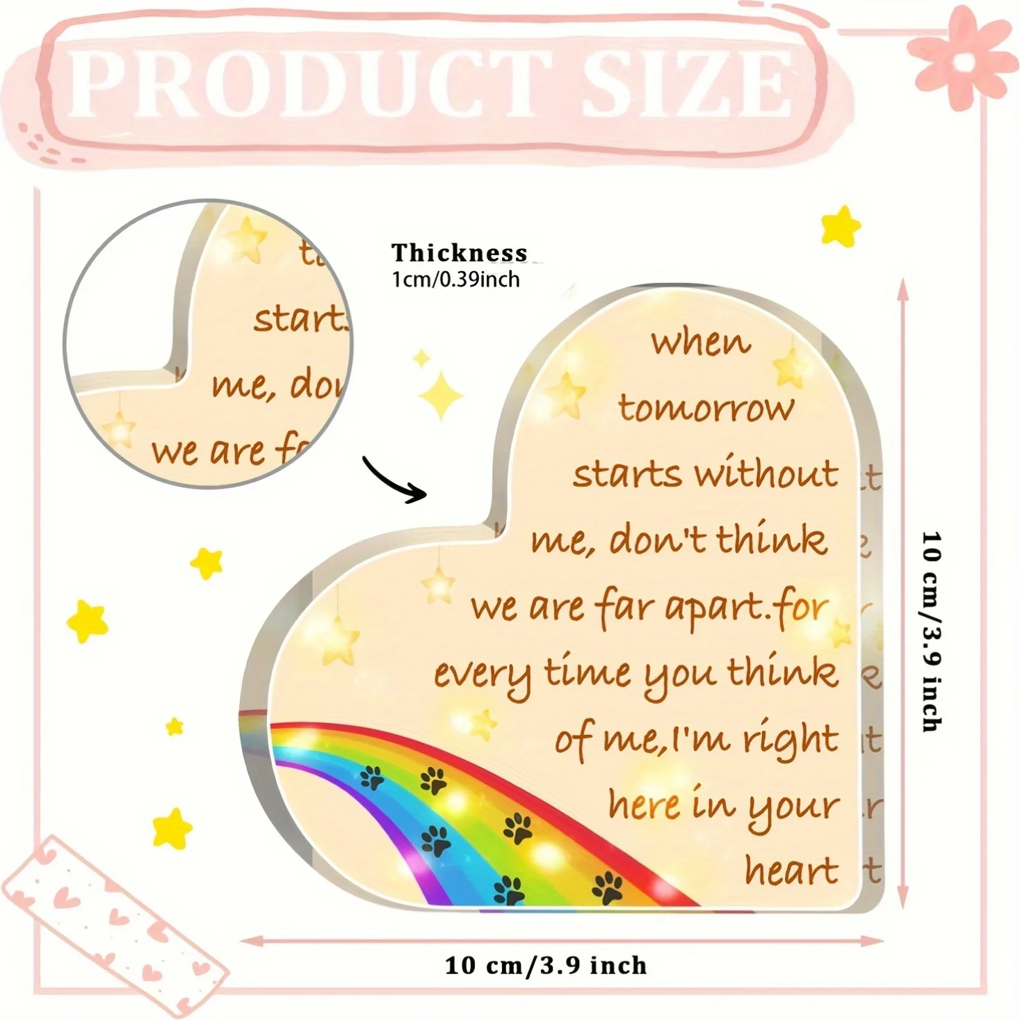 Heart Shaped Acrylic 2D Desk Plaque, Rainbow Paw Print Pet Memorial Tabletop Sign, When Tomorrow Starts Without Me Sympathy