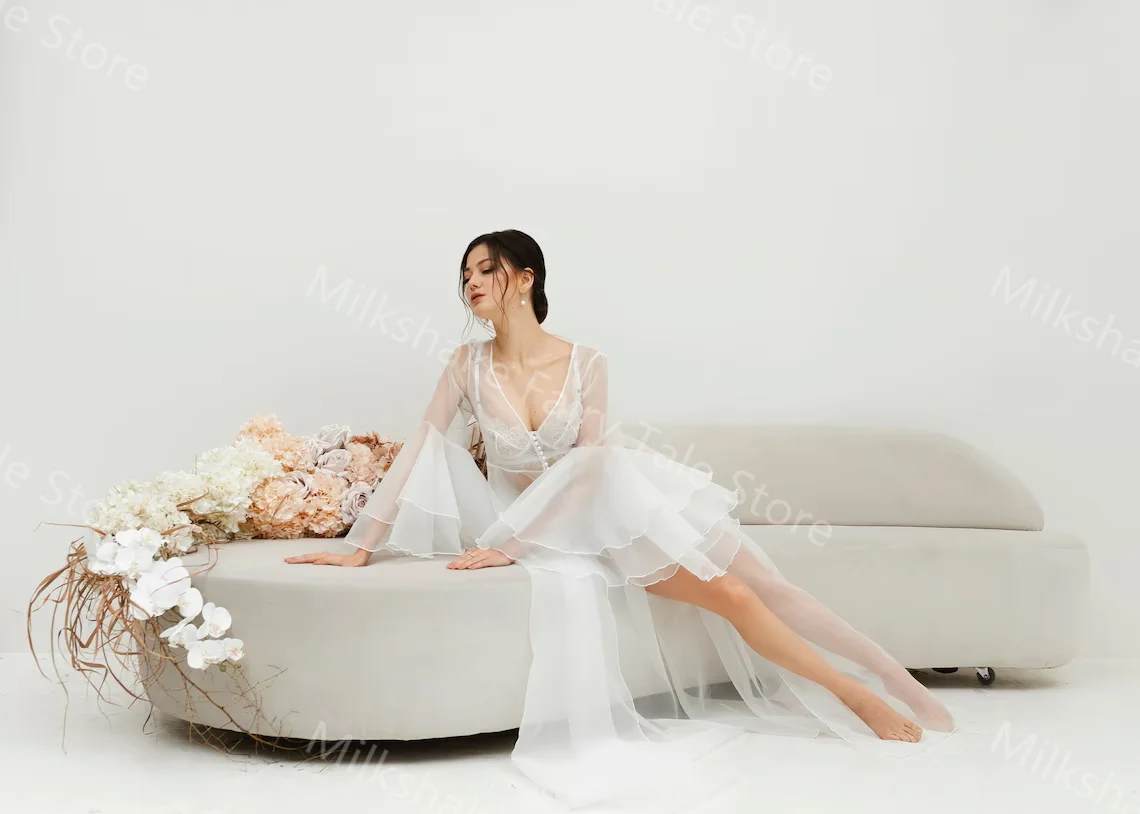 Romantic White Maternity Robes See Thru Ruffles A Line Bridal Wedding Nightgowns Charming Ribbons Floor Length Babyshwer Dresses