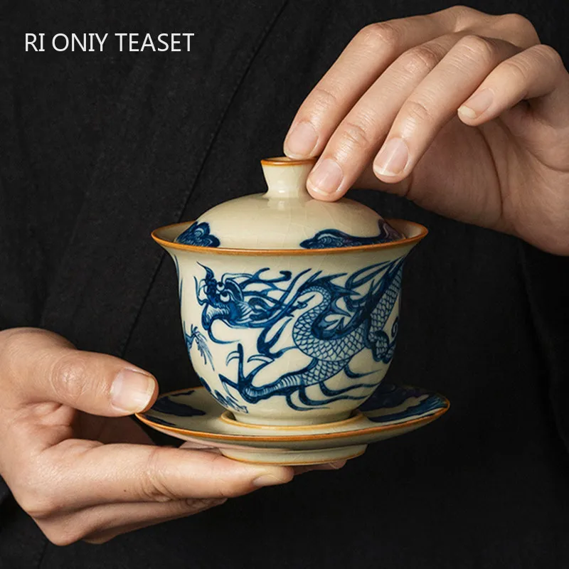 

150ml Chinese Tradition Ru Kiln Ceramic Tea Tureen Teacup Hand-painted Dragon Pattern Gaiwan Travel Handmade Tea Bowl Teaware