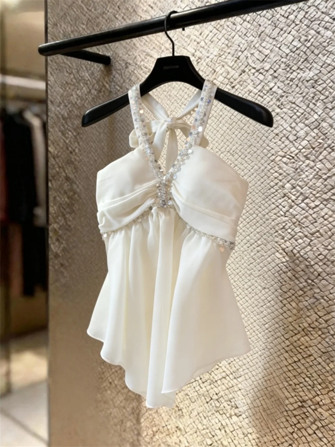 

Summer New Pure Desire Bright Sequin Sari Women's Sleeveless V-Neck Gown Fairy-Like Slimming Neck-Tie Chiffon Top