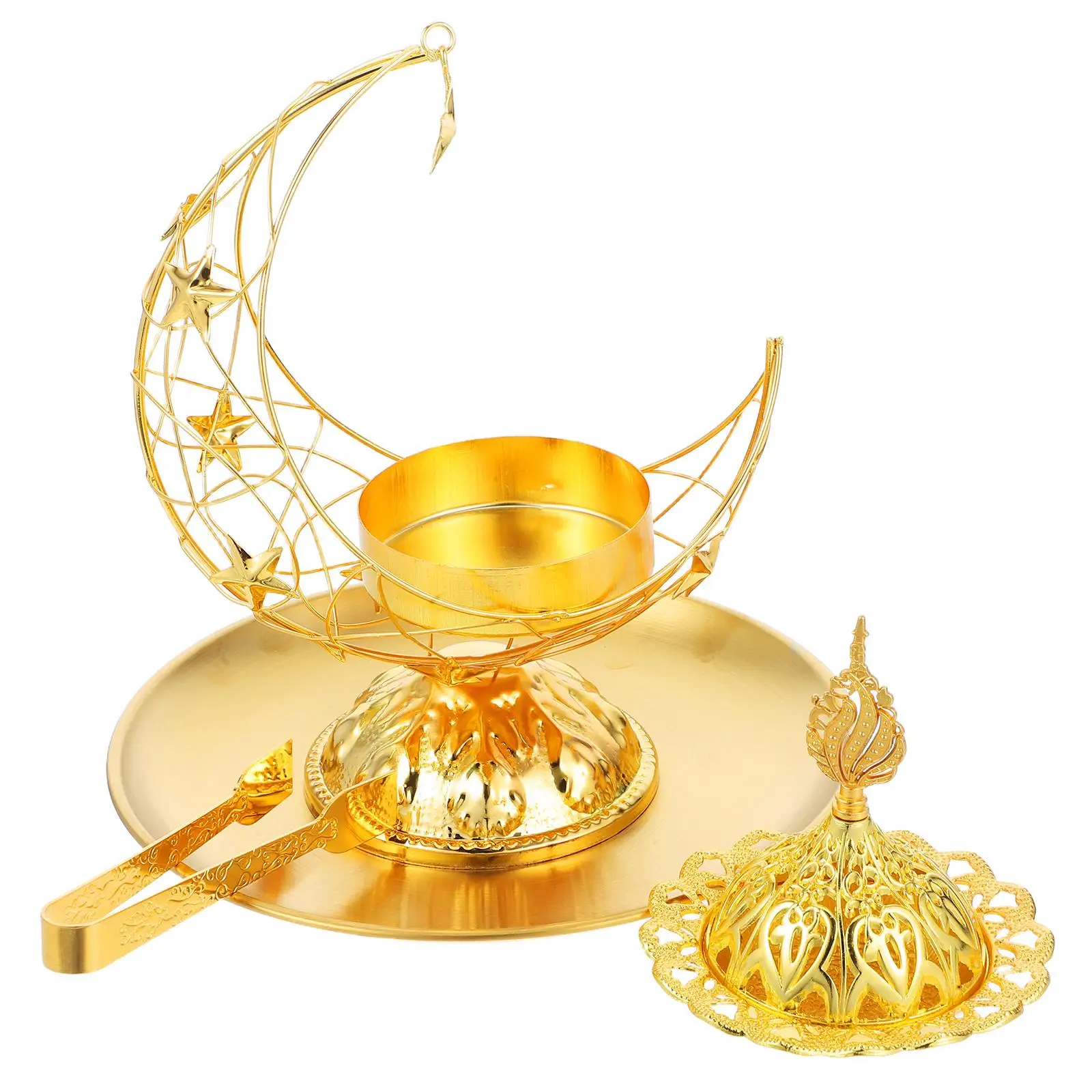 

Incense Burner Clip Set Golden Crescent Moon Tray Holder Aromatherapy Decor Eid Festival Stove Ornament Middle Eastern Design
