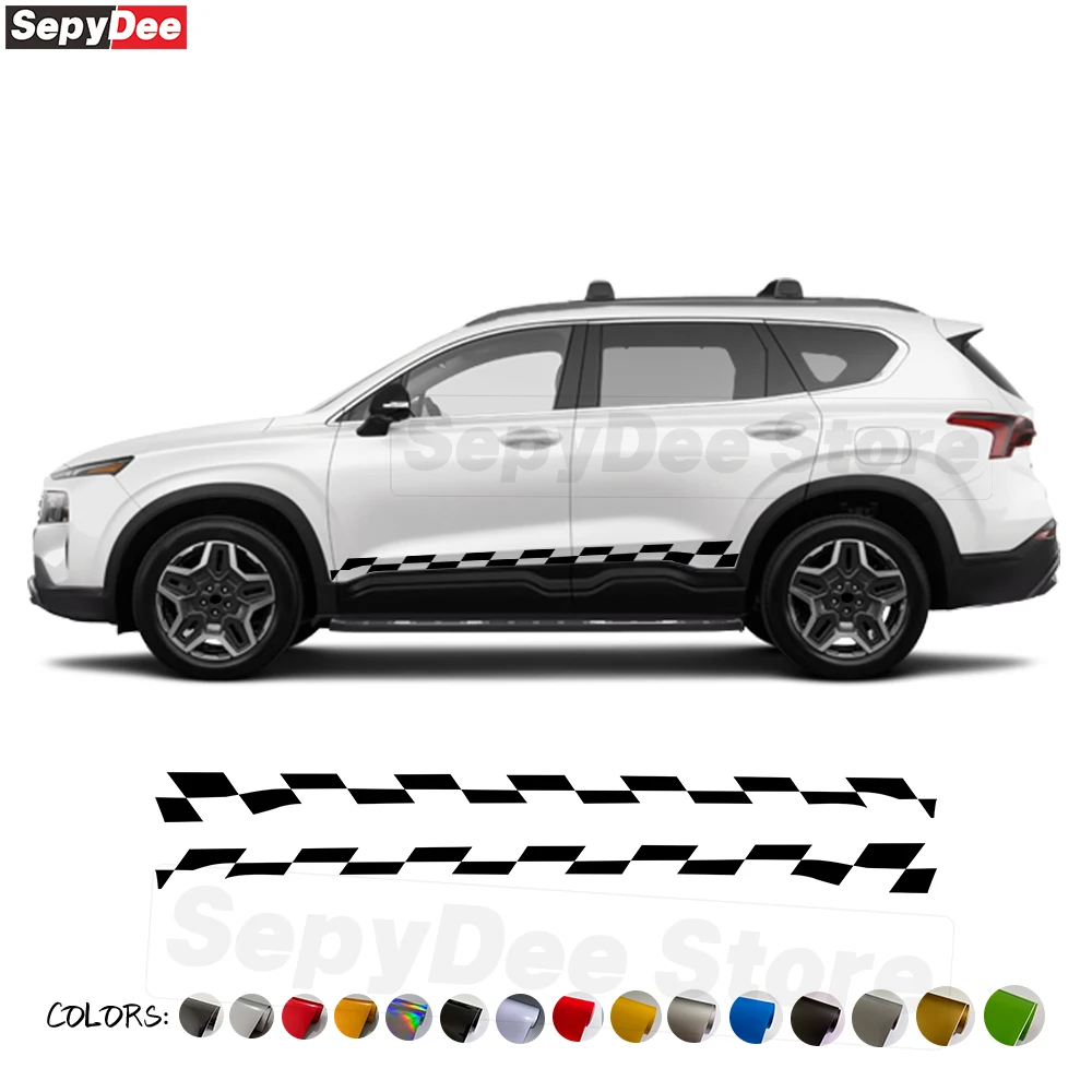 

2Pcs Car Door Side Skirt Stickers for Hyundai Santa Fe Checkered Graphics Body Decor Long Stripe Vinyl Decals Car Accessories