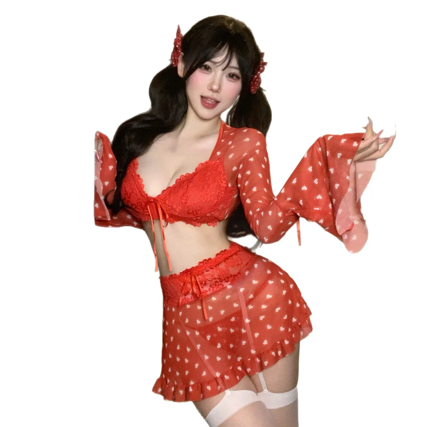 

Sexy Lingerie Heart-pattern Mesh Front-button Pajamas Lace Sexy Long-sleeve Bodycon Dress Pure Desire Sexy Sets For Woman 0EW0