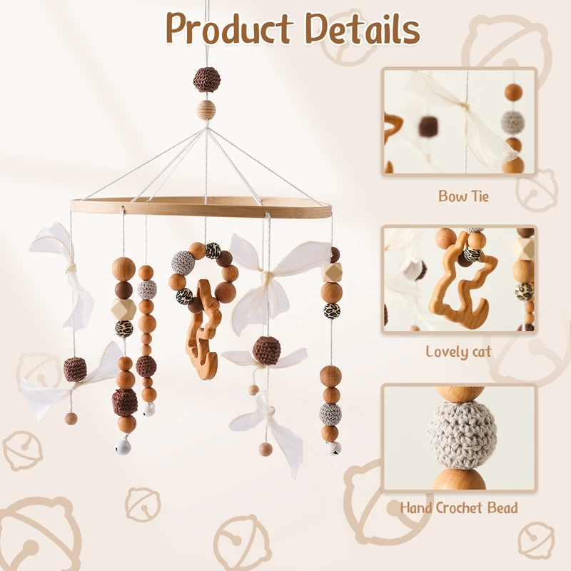 Bed Bell Wood Mobile Toddler Rattles Toys Crib Bell Rattles Olive Oil Cat Bed Bell Kids Musical Toys 0-12 ماہ بچے کے لیے