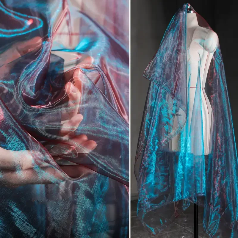 

Ancient Red Blue Gradient Semi-transparent Water Light Organza Fabric Vintage Creative Dress Wedding Dress Skirt Designer Fabric