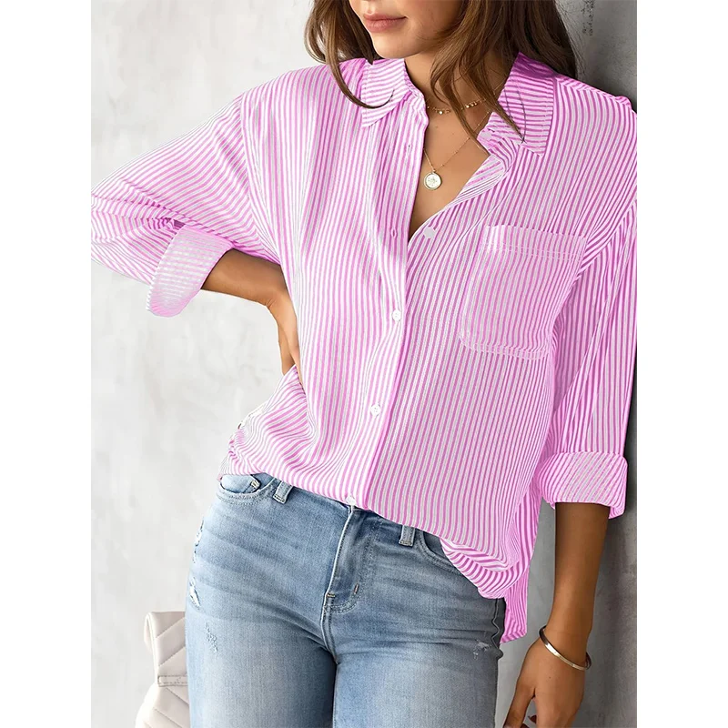 Spring Summer Polo-neck Striped Printed Blouse Female Long Sleeve Loose Casual Fashion All-match Top Women Vintage Elegant Shirt