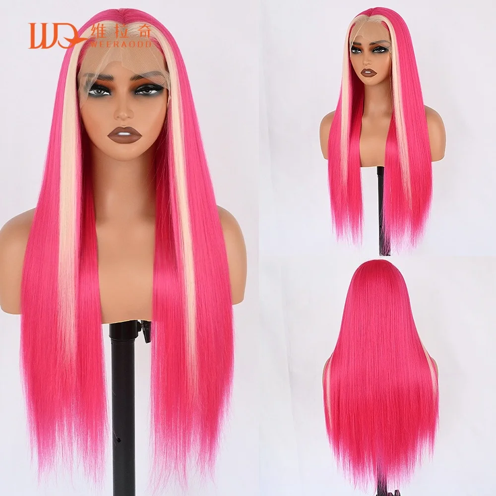 28inch-straight-lace-front-wig-platinum-blonde-with-rose-pink-highlights-13x4-glueless-synthetic-wig-heat-resistant-150-density