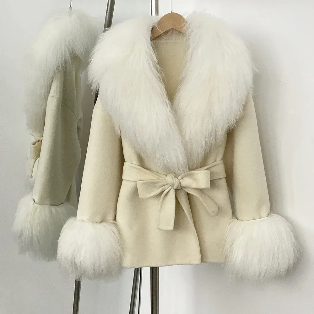 2025 Real Fur Wool Coat Women Autumn Jacket Female Fashion Real Mongolian Fur Coat Cuff Woolen Overcoat Wool Blend Outerwear