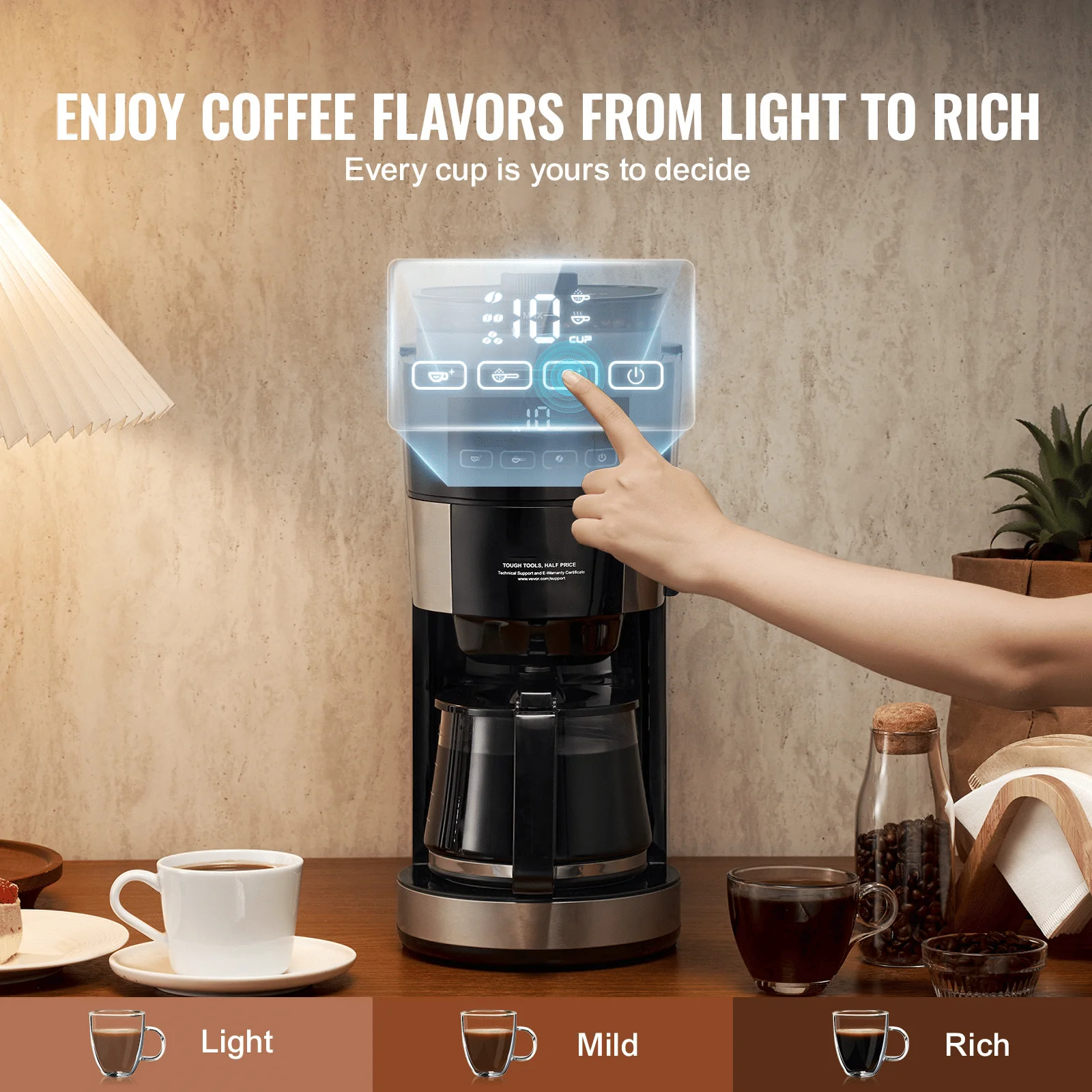 Coffee machine with grinding function, featuring a 10-cup capacity; an integrated coffee maker with adjustable grinding and brew