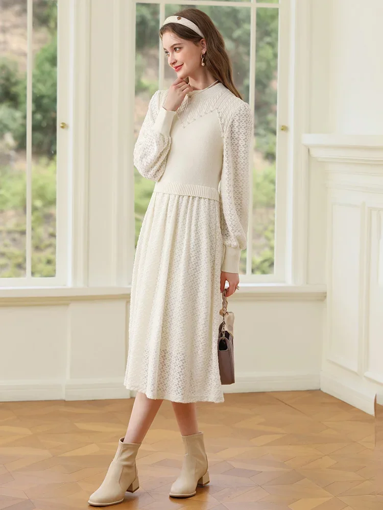 I BELIEVE YOU Women Dresses French Gentle Beaded Knitted Spliced Long Sleeve 2024 Winter New A-line Solid Dress Lady CMQ235316A