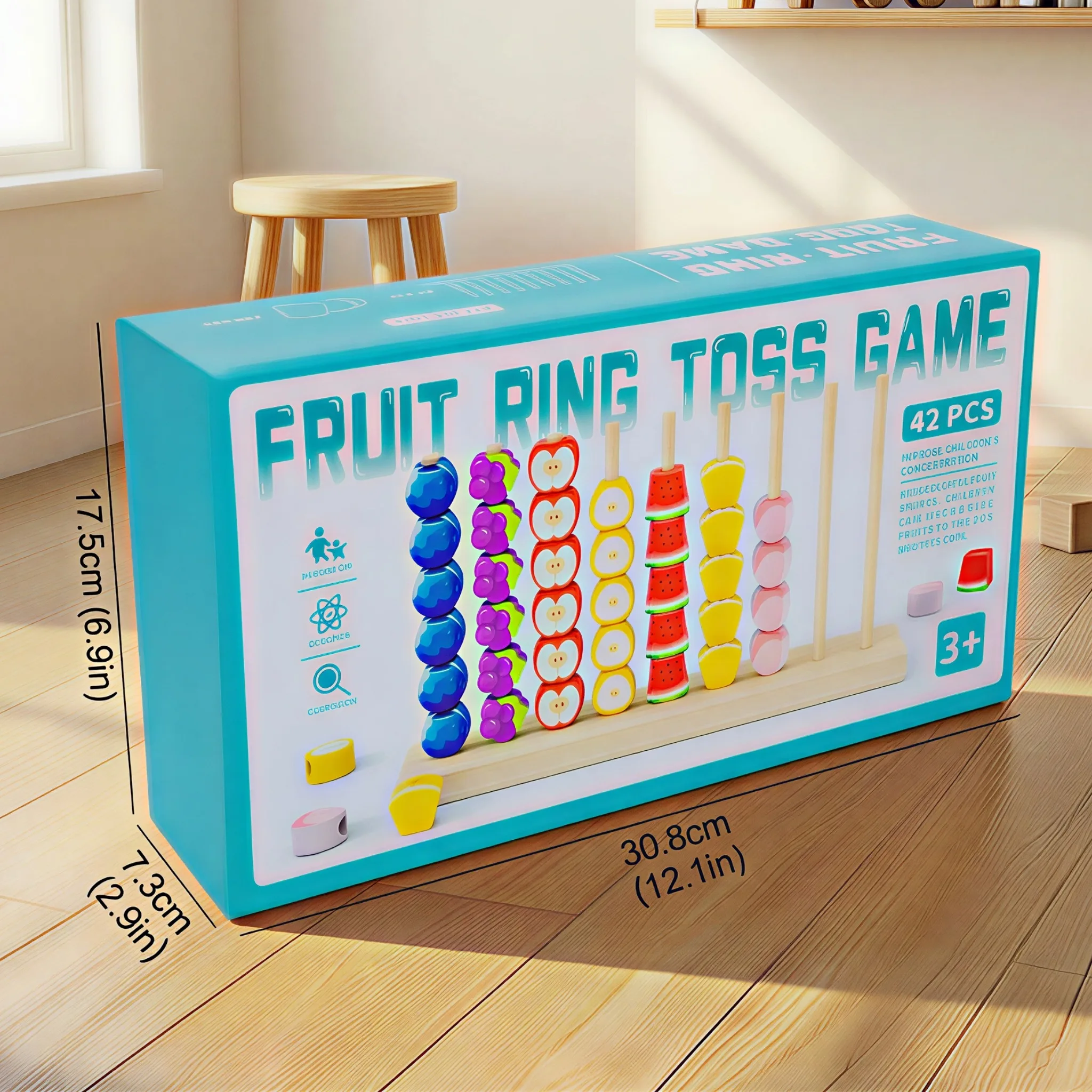 Brinquedo de empilhamento de frutas de madeira, inclui blocos de frutas fofas e de maçã, melancia, uvas e abacaxi, com uma coluna de uso duplo, para combinar com as cores