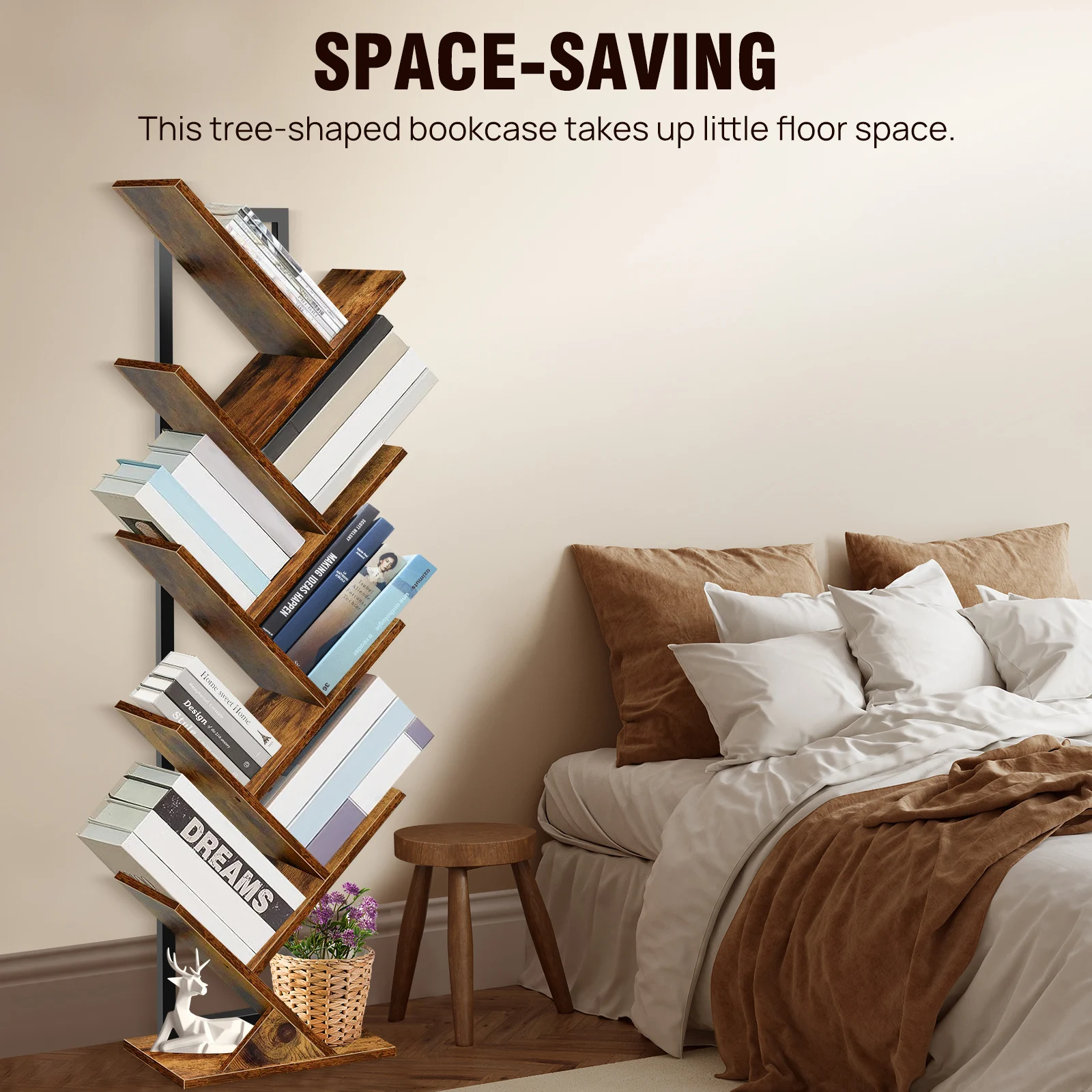 BRIEFNESS 9-Tier Tree Bookshelf,Floor Standing Bookcase,Tree Shaped Book Shelves,Display Storage Shelving Units Storage Rack
