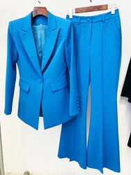 TOP QUALITY Newest 2024 Designer Runway Suit Set Women's Single Button Slim Fit Blazer Flare Pants Suit two-pieces