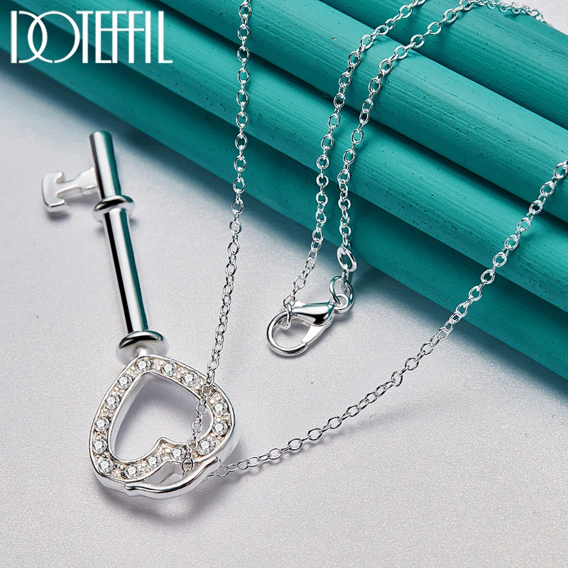 DOTEFFIL 925 Sterling Silver AAA Zircon Heart Key Pendant Necklace 18-30 Inch Chain For Woman Fashion Wedding Engagement Jewelry