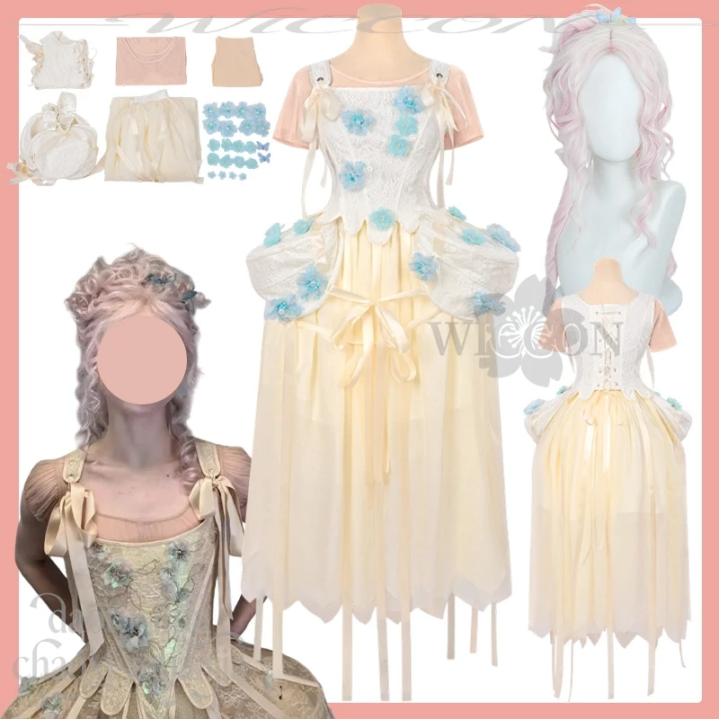 

Classical Lolita Ball Gown Enid Cosplay Anime Movie Blue Flower Decor Pink Wigs Halloween Christmas Party