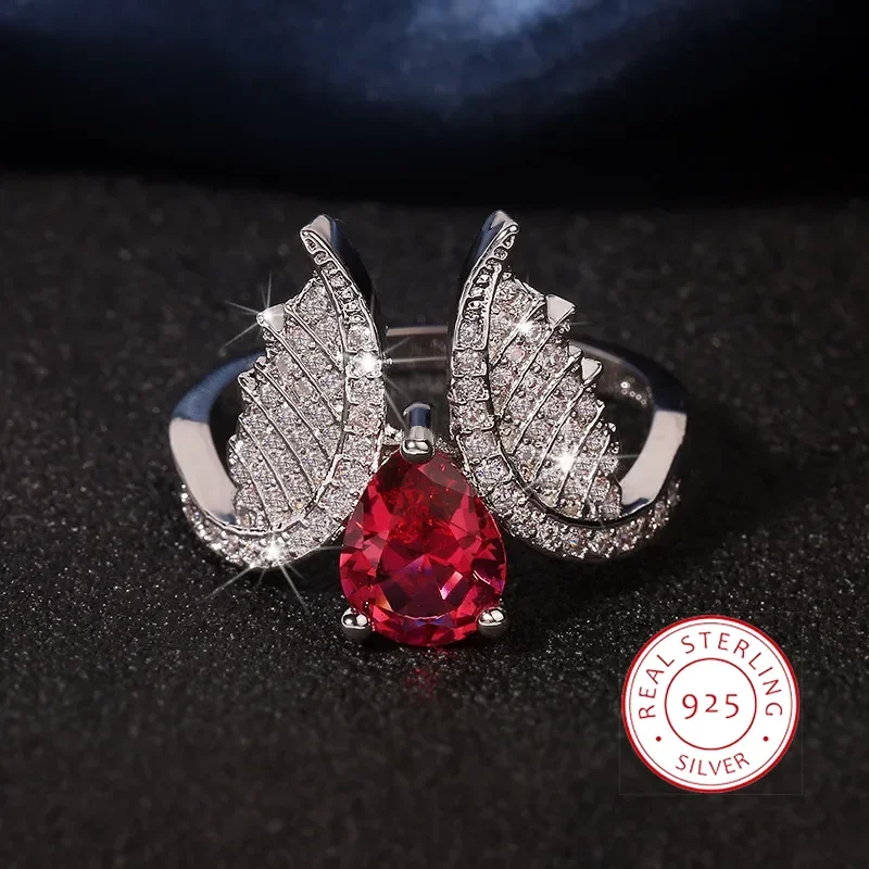 Micro Set Zircon Wing Shaped Red Zircon 925 Silver Color Rings Fashion Style Banquet Wedding Rings Women Rings Gift Girlfriend