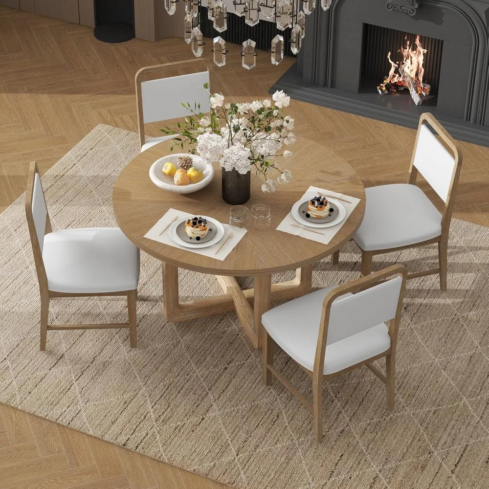 5-Piece Dining Table Set, Round Dining Table & 4 Upholstered Chairs, with Radial Wood Grain Design, Retro Dining Room Set