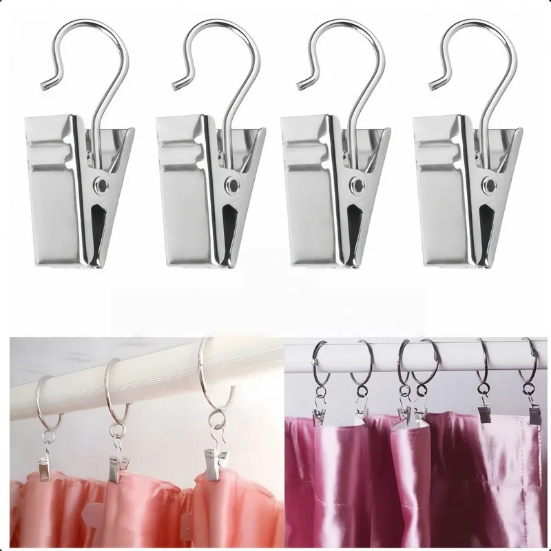 Open Curtain Hooks 40 pcs, Silver Open-End Design, Easy Slide On Rod, for Bathroom Shower Curtain, Multipurpose