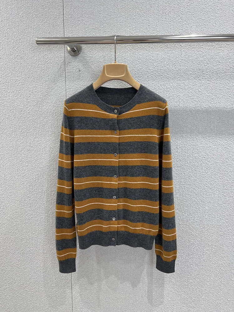 

SVORYXIU 2025 осень новый стиль цветной кашемировый вязаный кардиган в полоску женский повседневный стиль 100% кашемир