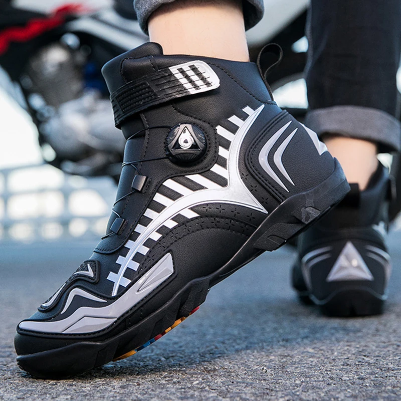 

New Men Motorcycle Boots PU Leather Breathable Shock Absorption Men's Motocross Shoes Motos Racing Boots Anti Slip Rubber Sole