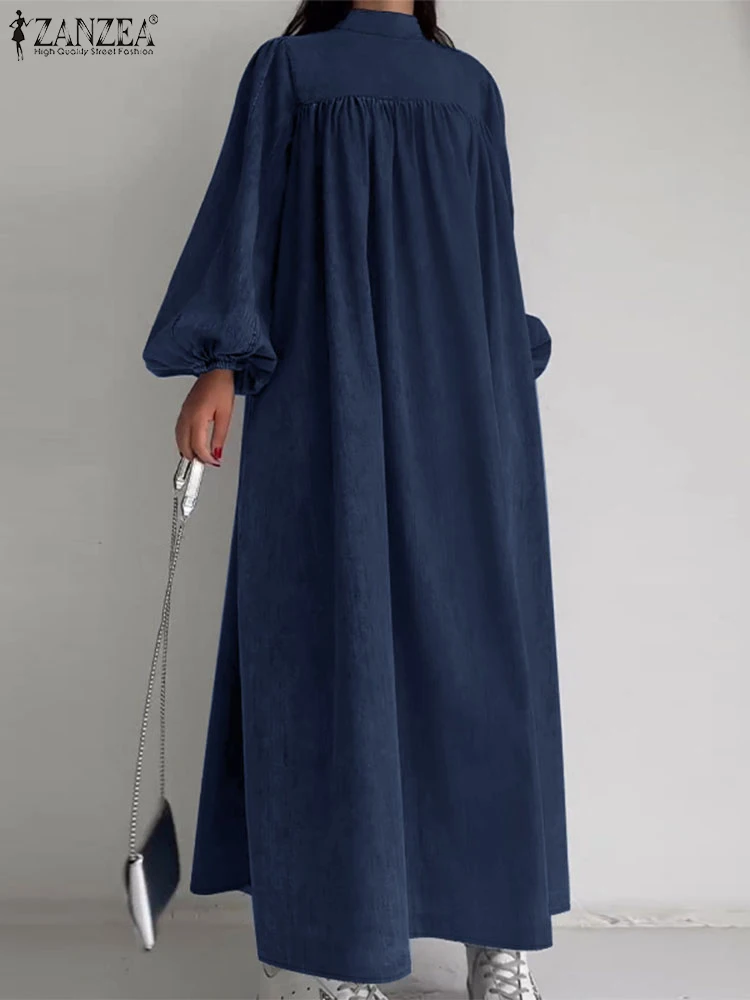 ZANZEA Lantern Long Sleeve Gathering Maxi Dress Casual Women Streetwear 2025 Spring Robes Stand Collar Denim Blue Long Vestidos