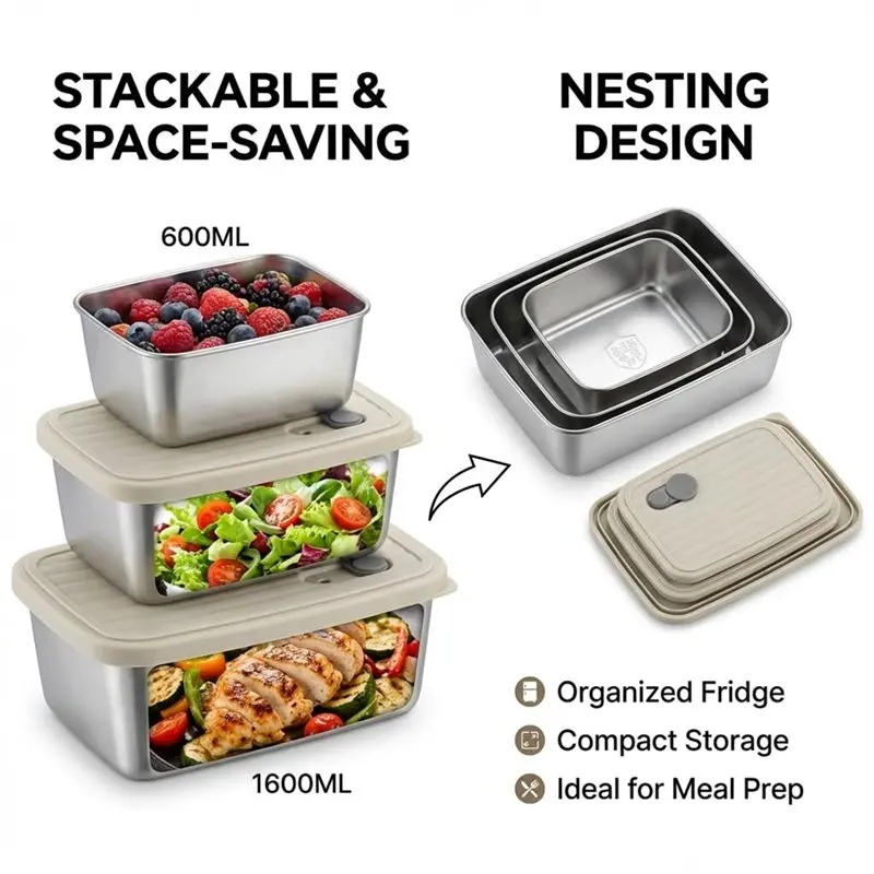 【MUST-HAVE】Leak-Proof 3Pcs 304 Stainless Steel Microwaves Safe Food Storage Containers With Lids, Metal Meal Prep Bento Box Set