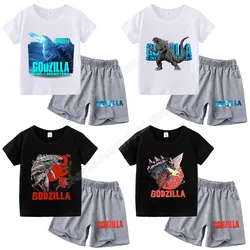 Godzilla T-shirt Suit Fot Children Cartoon Summer Tops+shorts Pants Anime Figure Pajamas Sets Fashion Home Wear Clothes Kid Gift