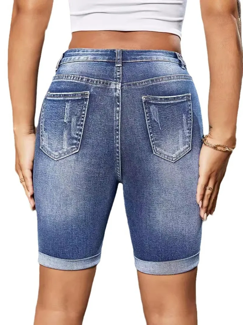 Faionable Ripped Slim Fit Denim Orts Damen Five-Viertel Casual Cotton Orts Sli Hole Design Bequem Mittelelastisch