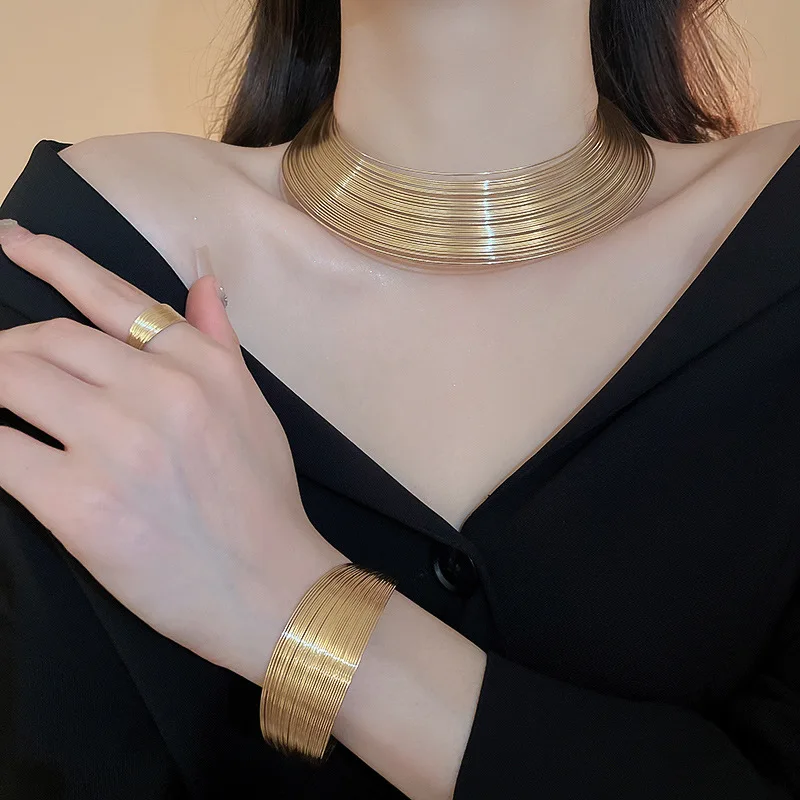 New 4 Pcs Metal Gold Color Geometric Multi-layer Necklaces for Women Heavy Industry Bangles Round Earrings Fashion Jewelry Set B