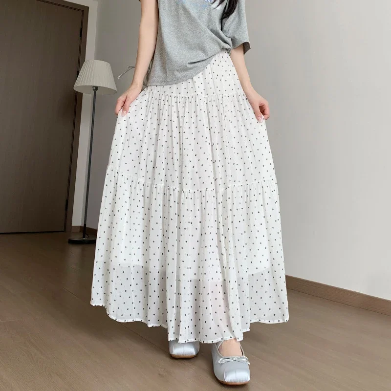 Spring Summer Women Polka Dot Long Skirt Casual Breathable Double Layer Mesh Maxi Skirt Woman Elegant Elastic Waist A-line