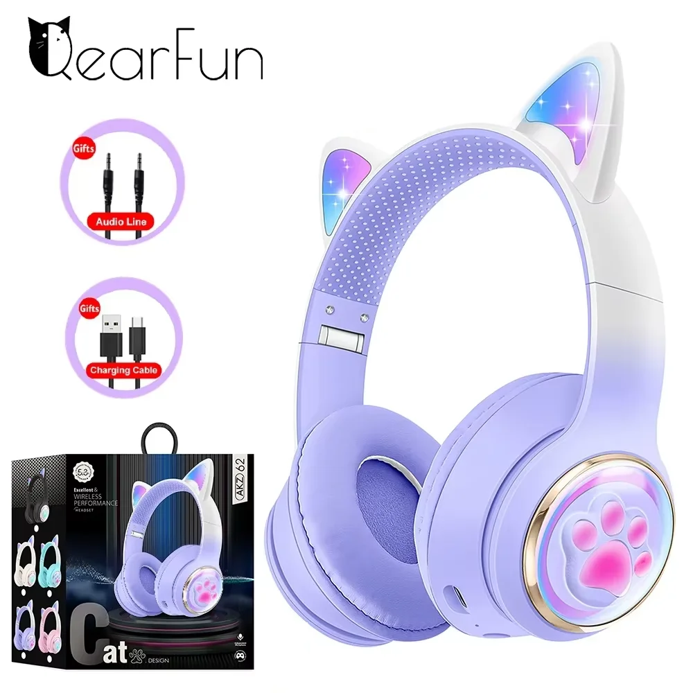 RGB Katzenohren Kabellose Kopfhörer für Mädchen Leuchtende Katzenkrallen Stereo Bluetooth-Headset Sicherer Lautstärkebegrenzer Faltbare Gaming-Kopfhörer