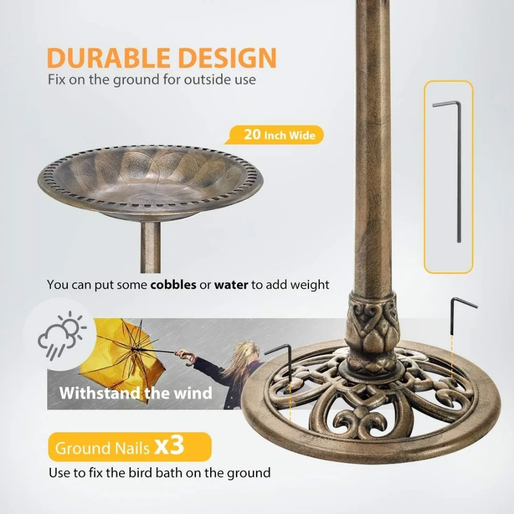 Bagno per uccelli da giardino in rame antico da 28 pollici, arredamento esterno leggero in poliresina per uccelli e farfalle