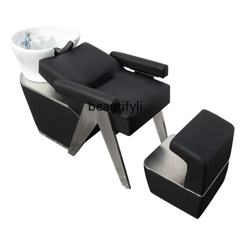 

High-End Barber Shop Lying Half Flushing Bed Stainless Steel Simple Ceramic Shampoo Chair