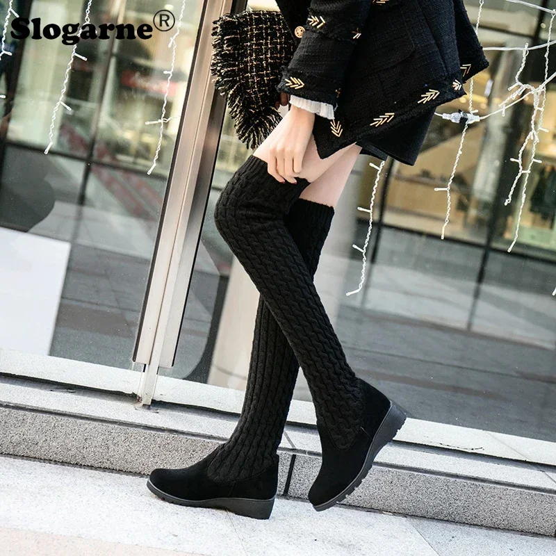 Women\'s Sock Boots 2024 Spring Autumn Thigh High Boots Woman Knitting Weave Wool Long Boot Over Knee Elastic Boots Wedges Bottes