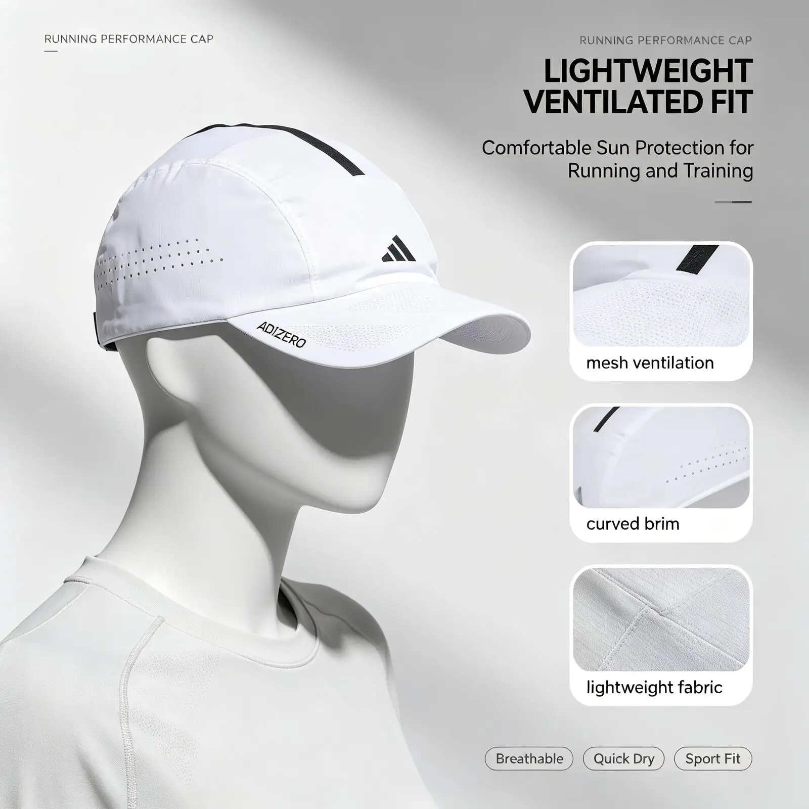 New  Adidas White Running Cap Lightweight Breathable Sports Hat Mesh Quick Dry Baseball Cap Outdoor Running Tennis Training