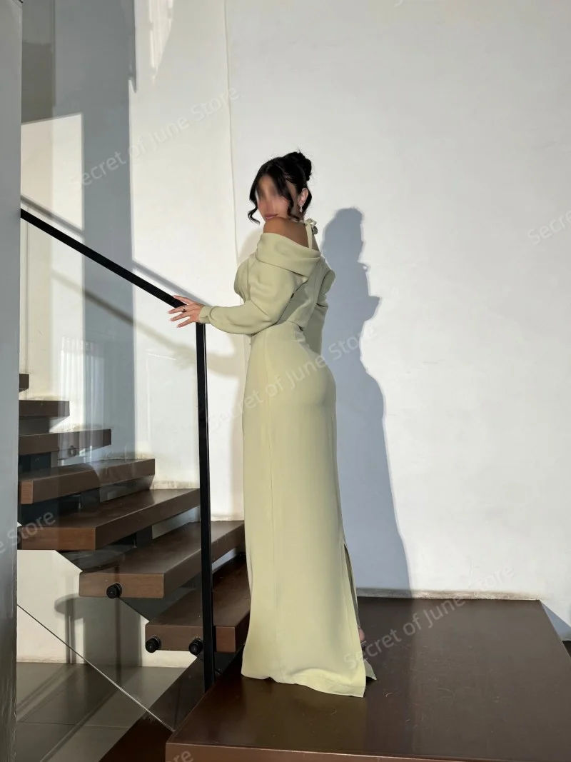 우아한 연녹색 여성용 맞춤형 오프숄더 긴팔 롱 이브닝 드레스, 새틴 갈라 가운