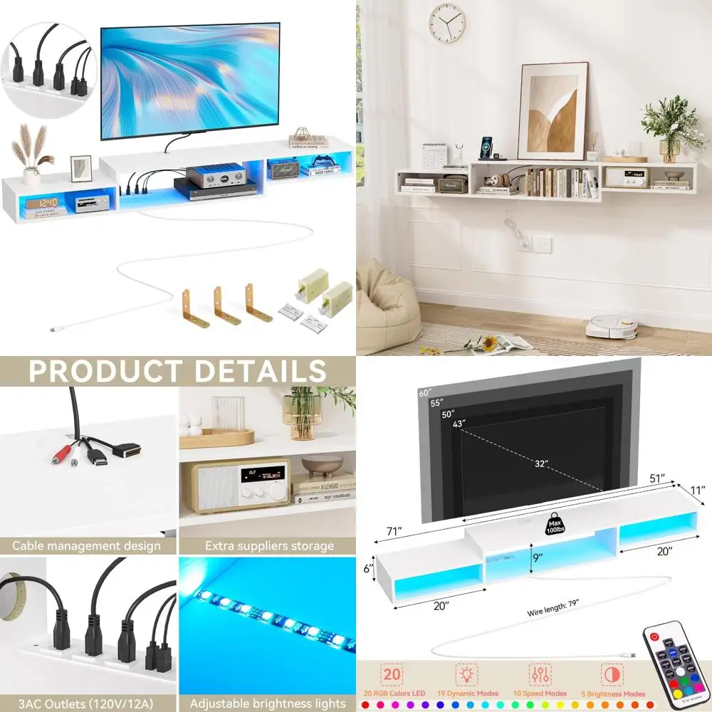 

"71 inch led lighted floating tv stand with power outlet and wall mount storage shelf"