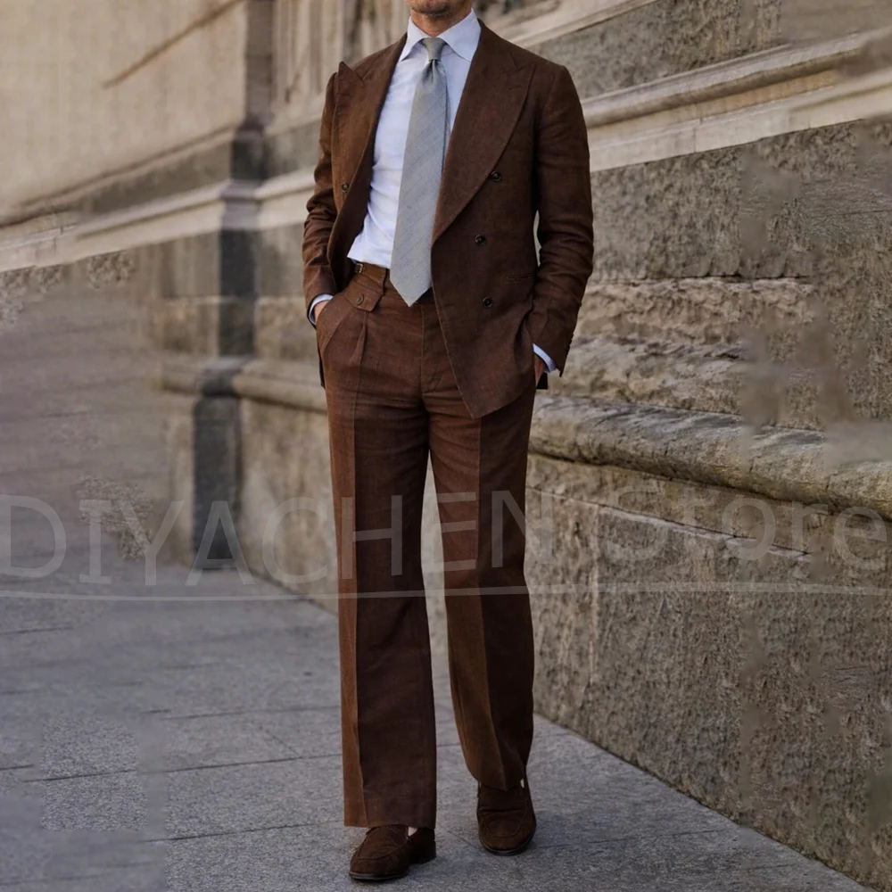 

Men Linen Suit 2 Piece Double Breasted Blazer And High Waist Wide Leg Pants Formal Business Casual Daily Gentleman Outfit