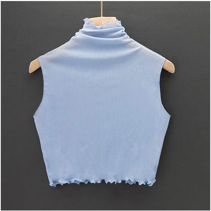 Solid Color Mesh Sleeveless Mock Neck Fake Collar Ruffled Trim Inner Top Women Versatile Sweater Matching Base Shirt