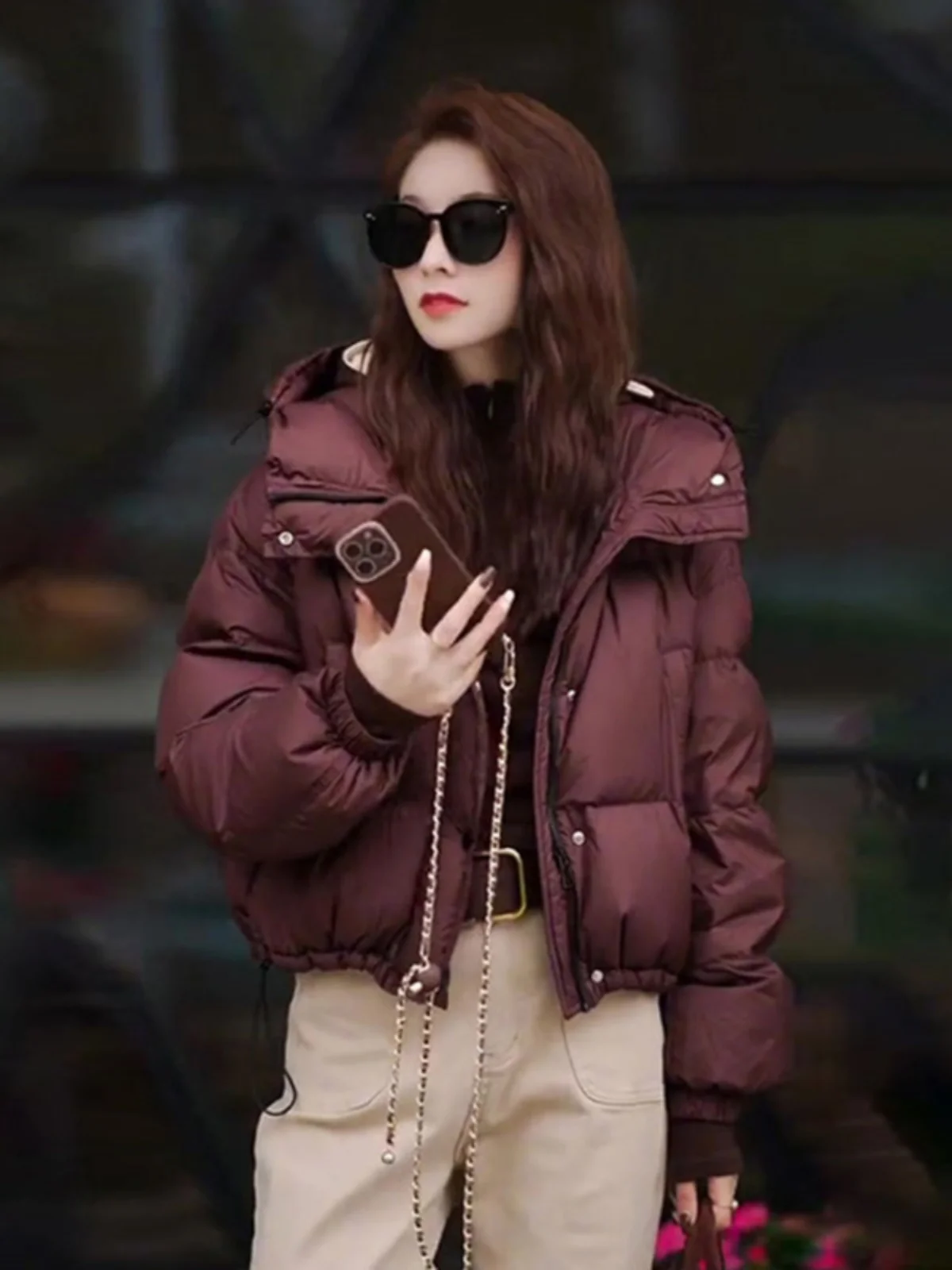 

Red Brown Hooded Short Cotton Jacket Thickened Korean Style Small Fragrance Style Outerwear Commute Loose Fit Long Sleeve Zipper