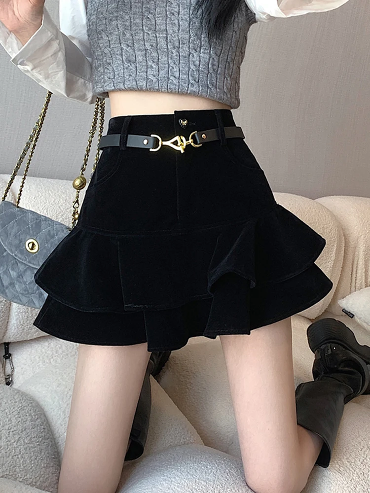 

Velvet Skirts for Girls Autumn WinterFashion High Waist Ruffled Princess A-line Skirt for Black All-match Skirts