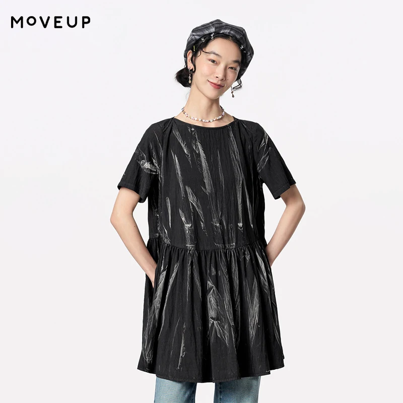 

MOVEUP Casual Short Sleeved Round Neck Dress 2026 Summer New Tie Dye Pleated Pocket Oversize Commuting A-Line Dress 124221340