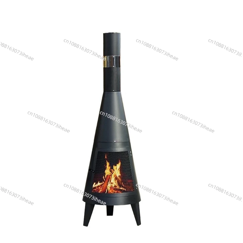 Black Mexican outdoor fire pit with chimney, wood burning garden fireplace, used for barbecue garden fireplace