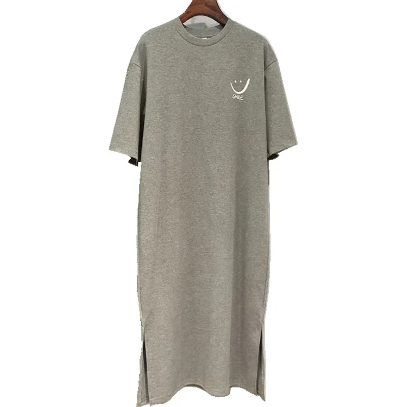 Mooie zomer veelzijdige Academiestijl korte mouw losse Koreaanse print split middellange jurk T-shirt dames casual comfortabel S