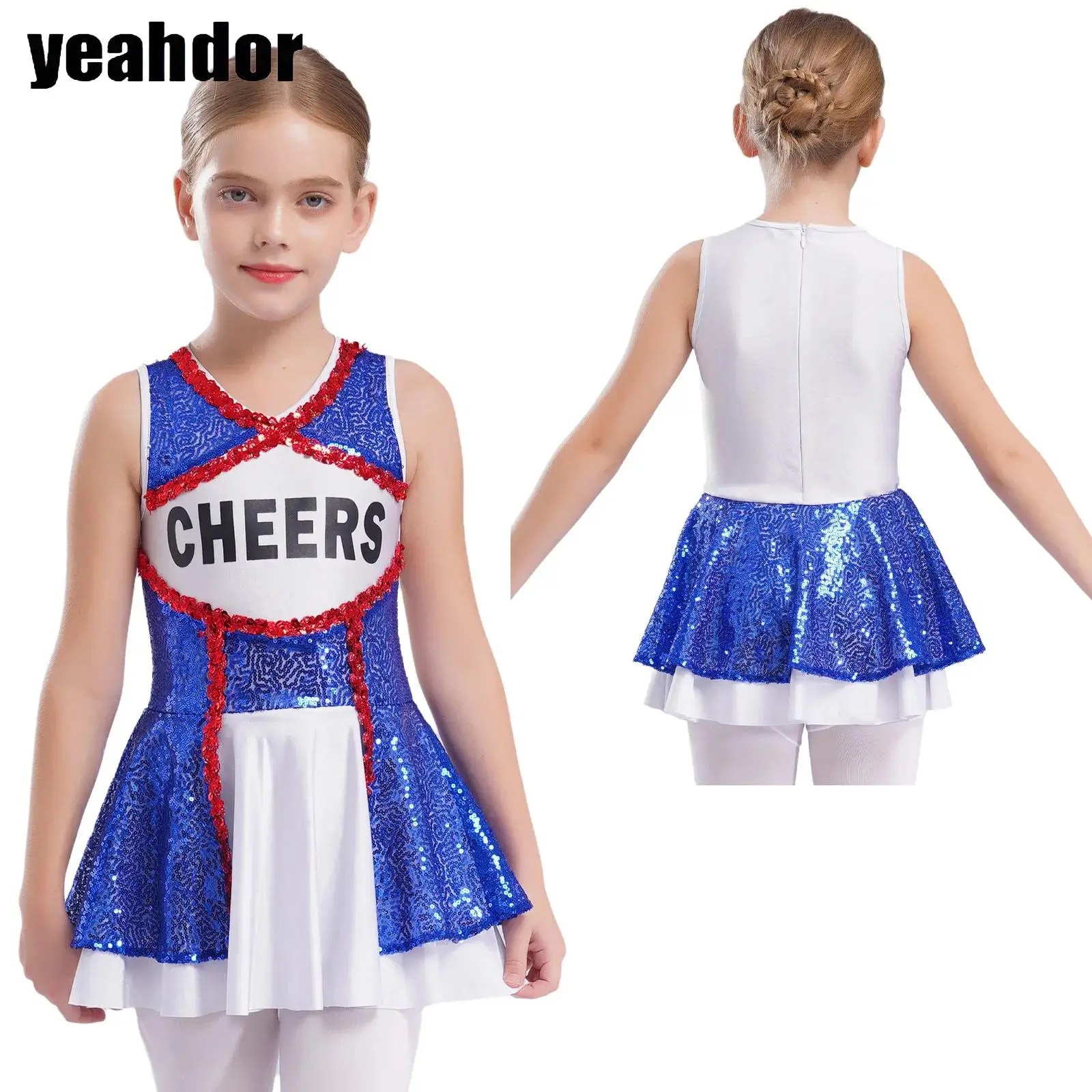 

Детская форма болельщика для девочек, платье без рукавов с блестками, школьные футбольные матчи на Хэллоуин, танцевальная одежда для выступлений черлидинга